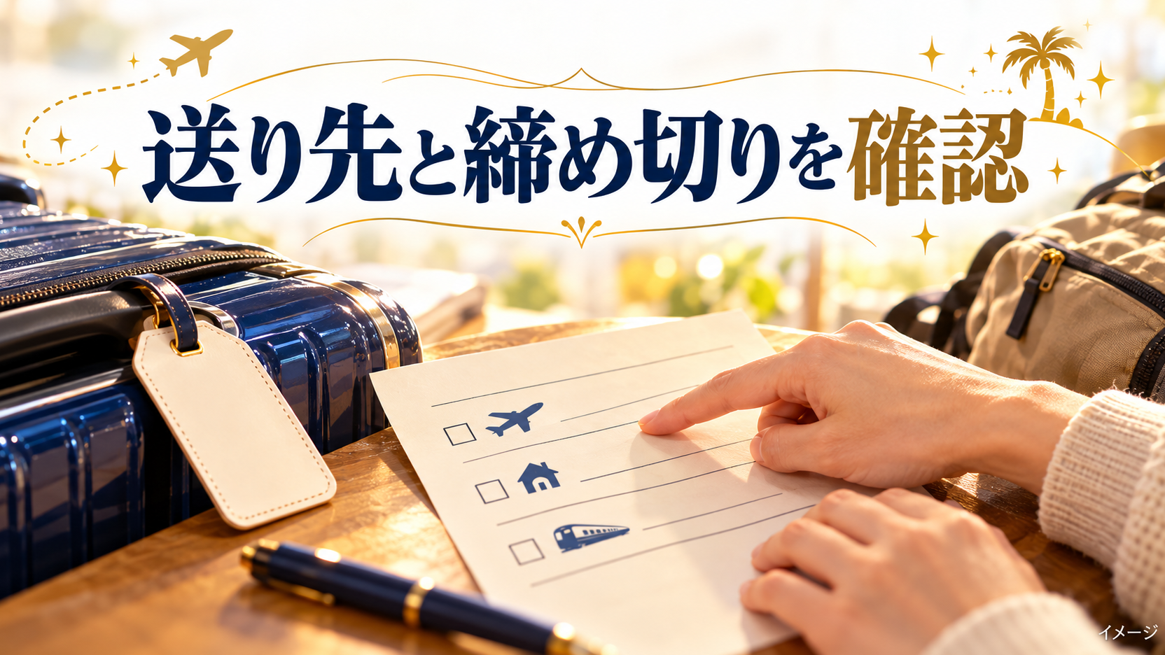 手元のチェックリストとスーツケースと荷物タグで準備する内容を確認するイメージ