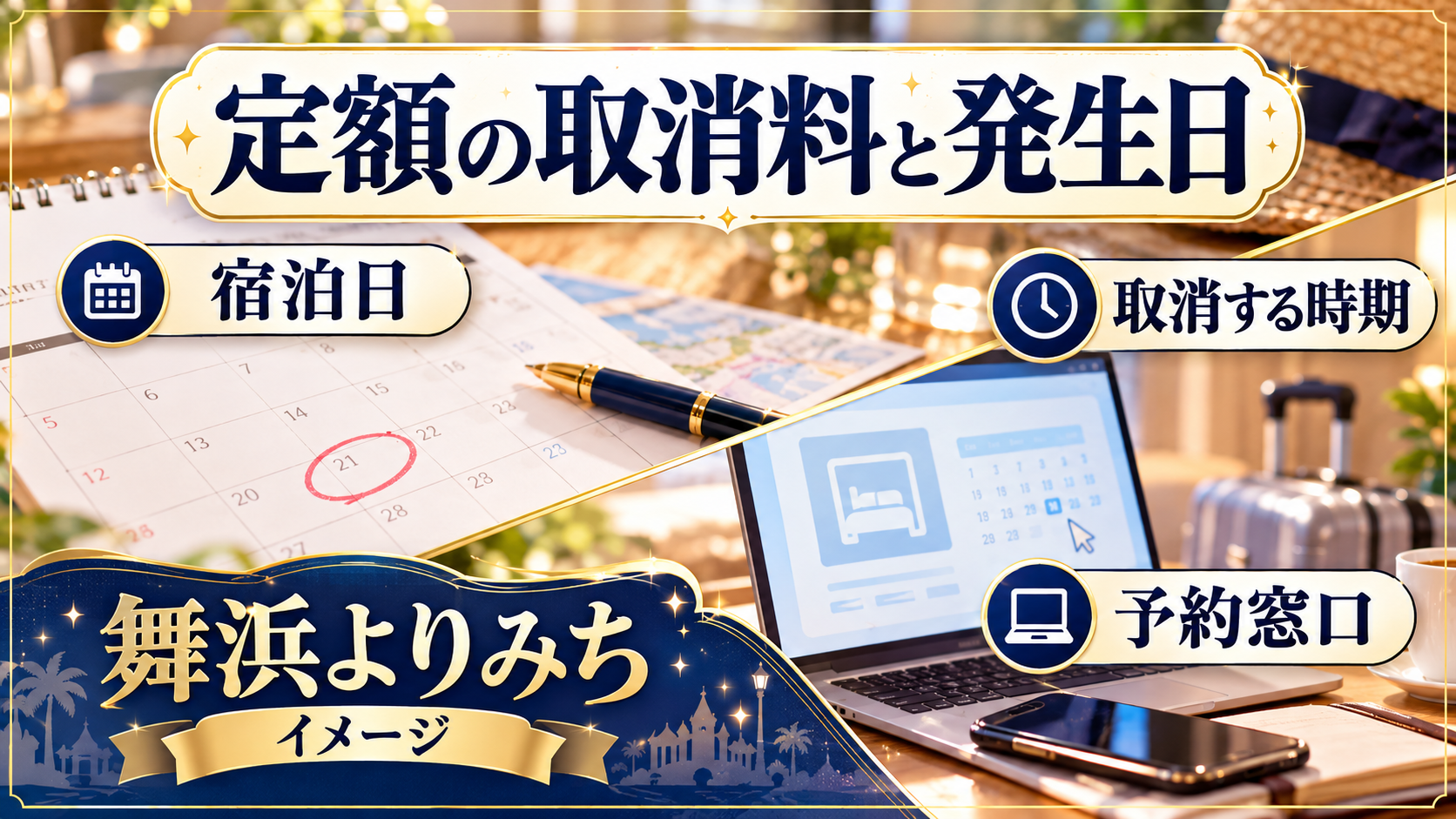定額の取消料と発生日について、宿泊日・取消する時期・予約窓口を整理した図解