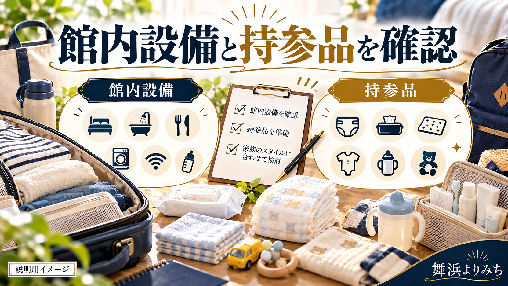 子ども用品を詰めた荷物と、館内設備や持参品を確認するチェックリスト