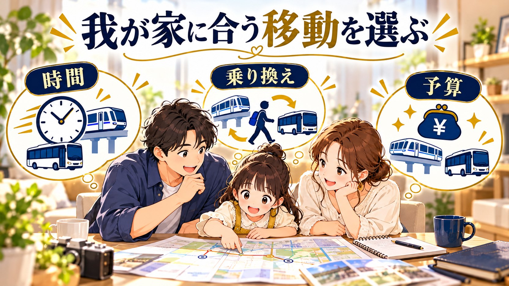 時間、乗り換え、予算から家族に合う移動を相談するイメージ