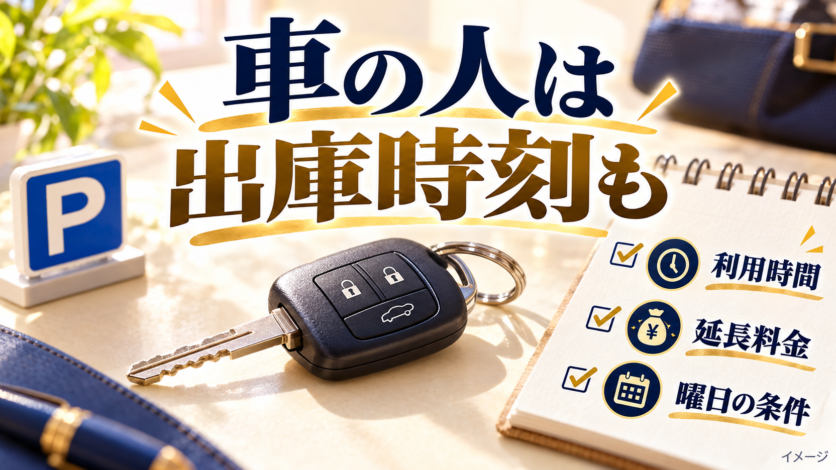 駐車場の利用時間と延長料金、曜日の条件を確認する車の鍵とチェックリスト