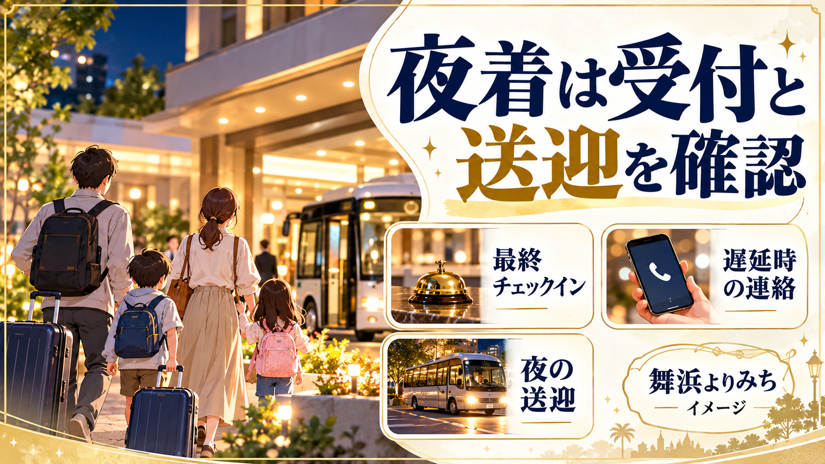 夜着は受付と送迎を確認について、最終チェックイン・遅延時の連絡・夜の送迎を整理した図解