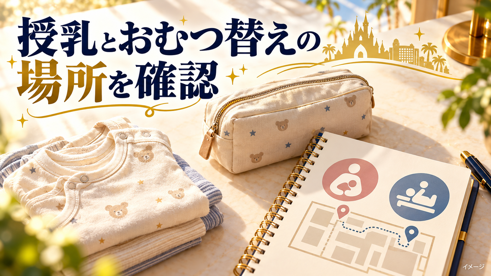 机の上に並べた赤ちゃんの衣類とおむつ用ポーチを使って利用前の確認点を示すイメージ