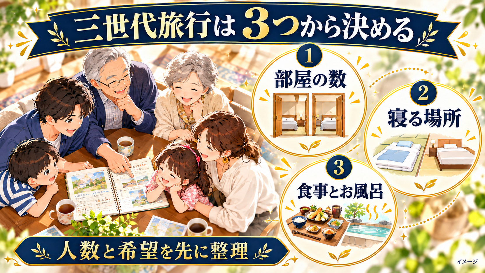 旅行を相談する三世代の家族と、部屋の数、寝る場所、食事とお風呂の3つの確認項目。