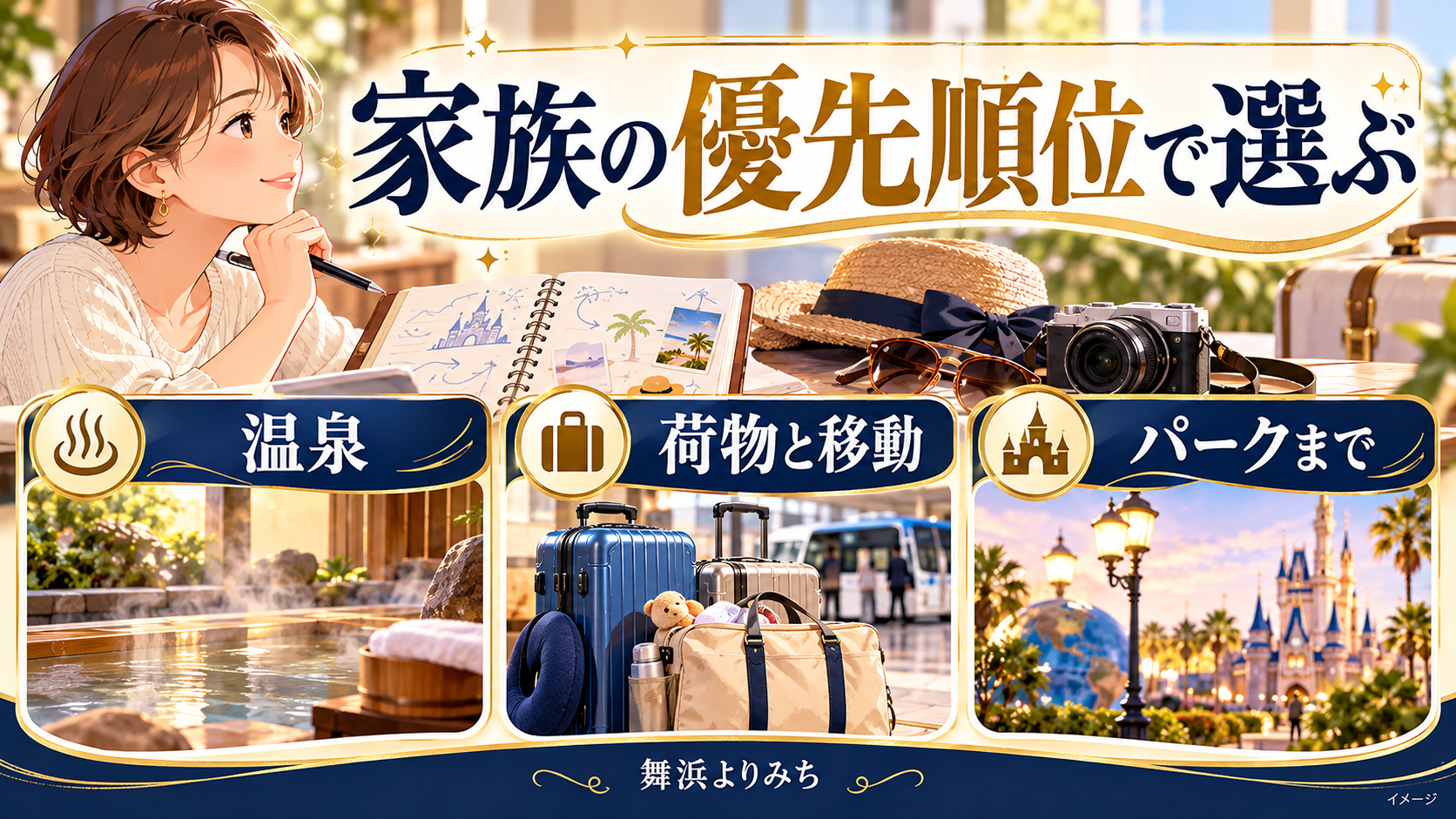 家族の優先順位で選ぶについて、温泉・荷物と移動・パークまでを示す図解