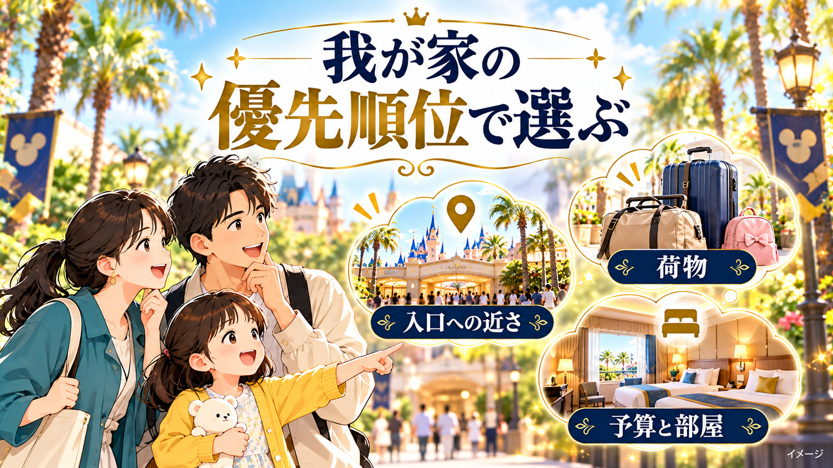 旅行を相談する家族と、入口への近さ、荷物、予算と部屋を比べるイメージ。