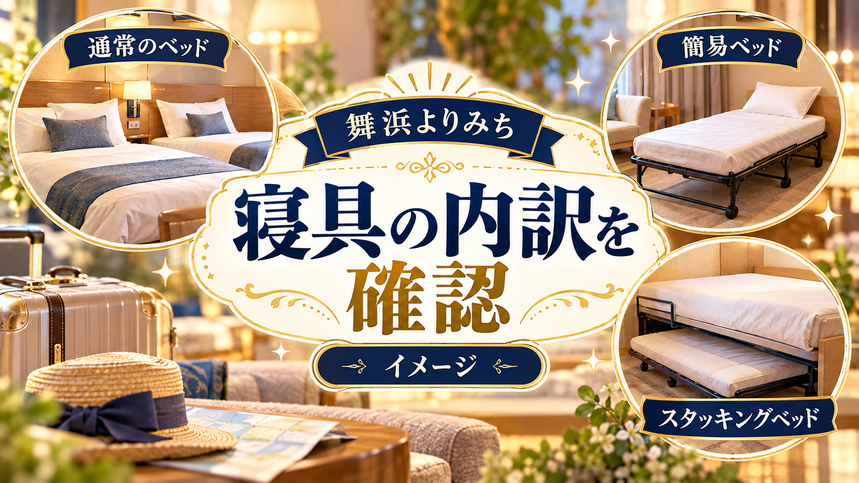 寝具の内訳を確認について、通常のベッド・簡易ベッド・スタッキングベッドを整理した図解