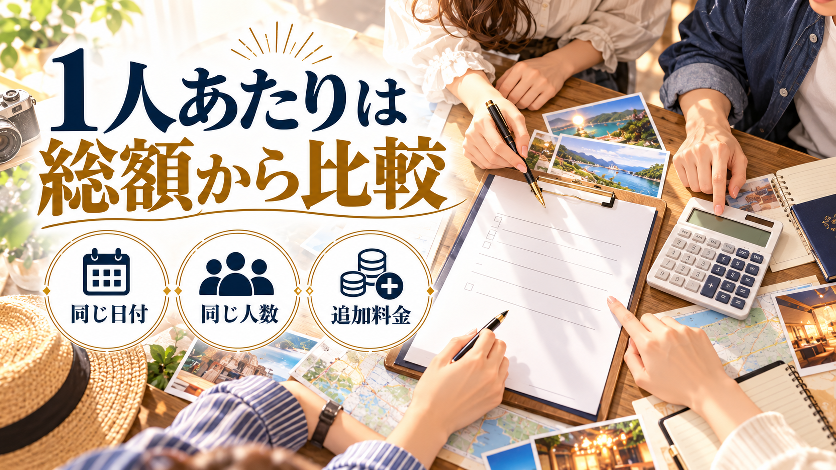 1人あたりは総額から比較について、同じ日付・同じ人数・追加料金を旅行用品やイラストで整理した図
