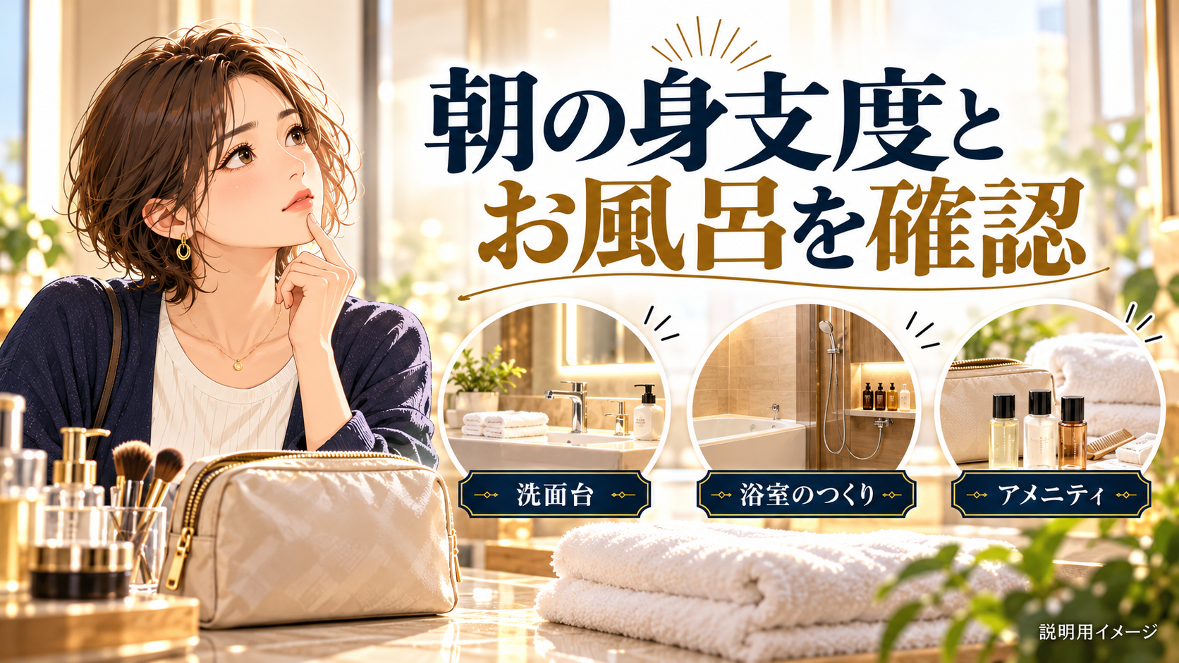 朝の身支度とお風呂を確認について、洗面台・浴室のつくり・アメニティを旅行用品やイラストで整理した図