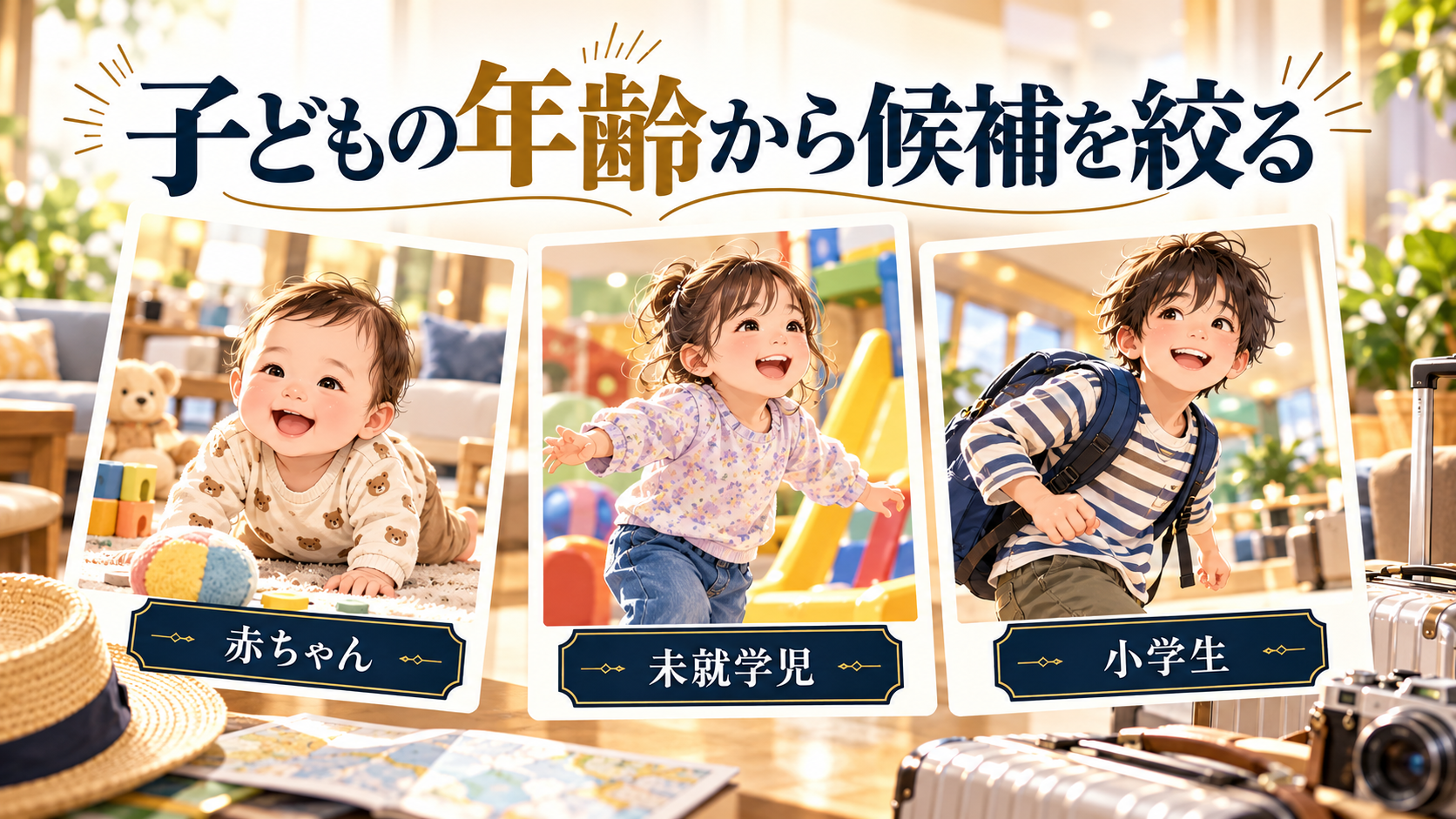 子どもの年齢から候補を絞るについて、赤ちゃん・未就学児・小学生を旅行用品やイラストで整理した図
