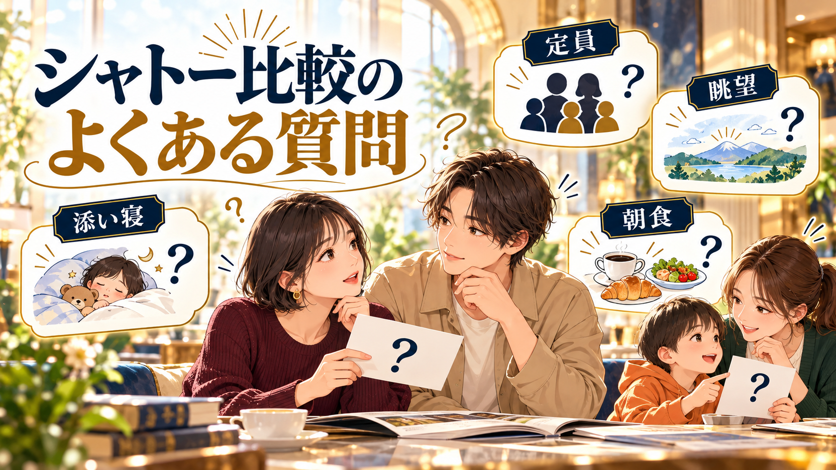 質問メモを囲む旅行者と、定員、眺望、添い寝、朝食の疑問を整理するイメージ。