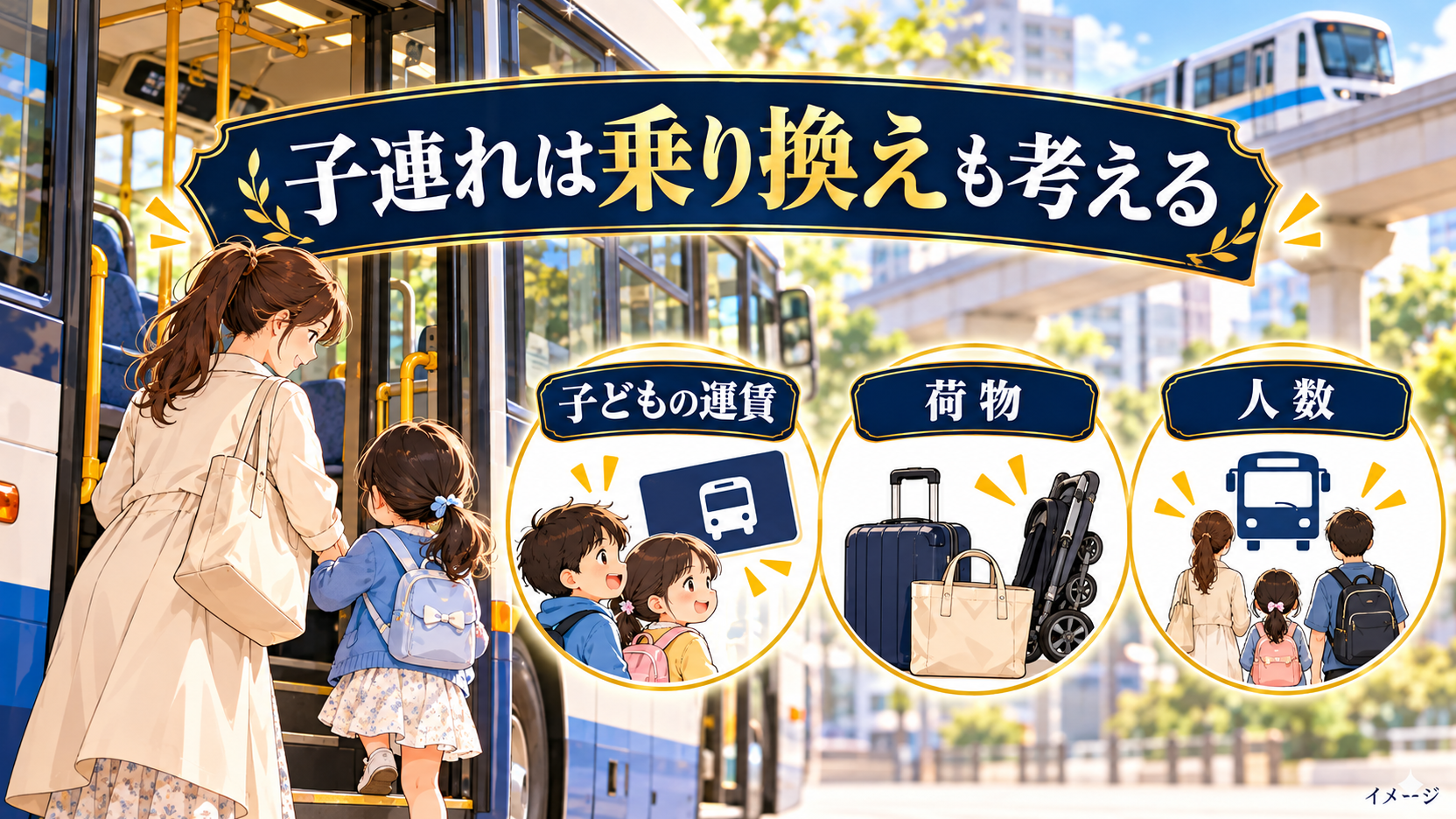 子どもの運賃と荷物、人数を確認してバスに乗る母子