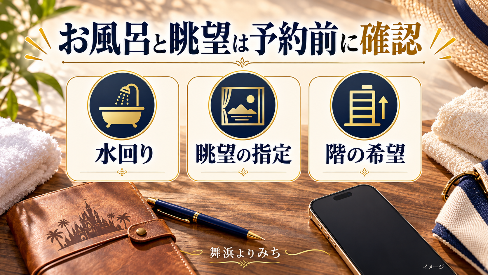 お風呂と眺望は予約前に確認について、水回り・眺望の指定・階の希望を示す図解