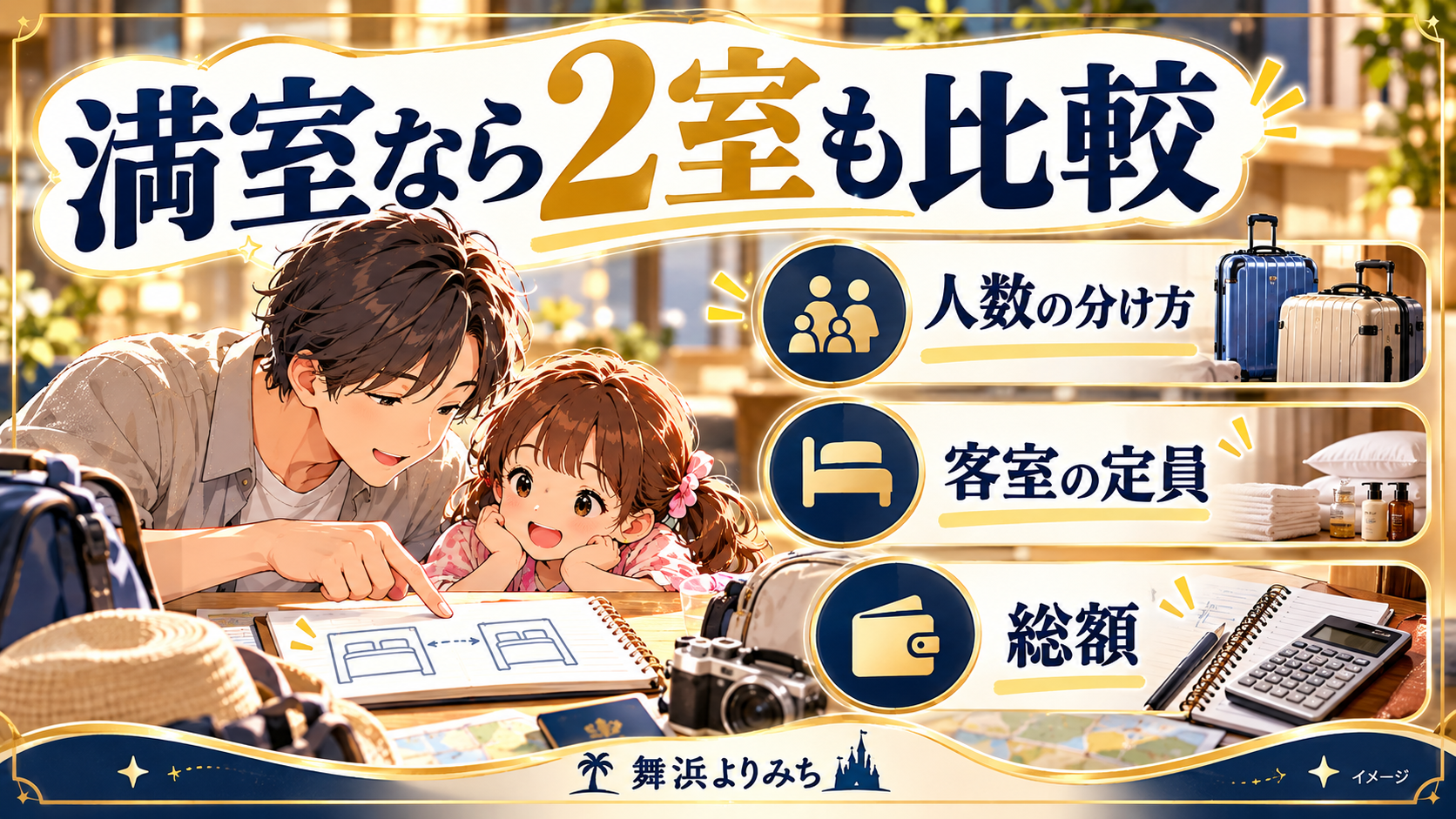 満室なら2室も比較について、人数の分け方・客室の定員・総額を示す図解