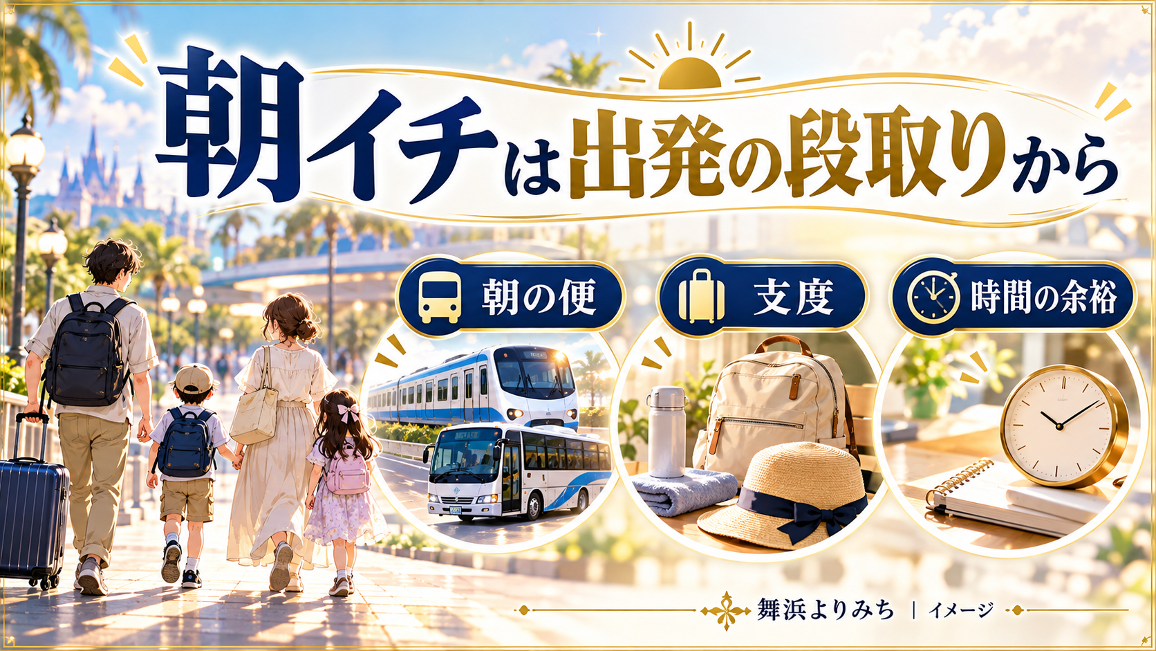 朝イチは出発の段取りからについて、朝の便・支度・時間の余裕を示す図解