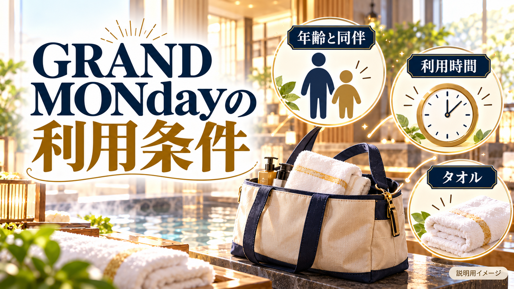 GRAND MONdayの利用条件について、年齢と同伴・利用時間・タオルを旅行用品やイラストで整理した図