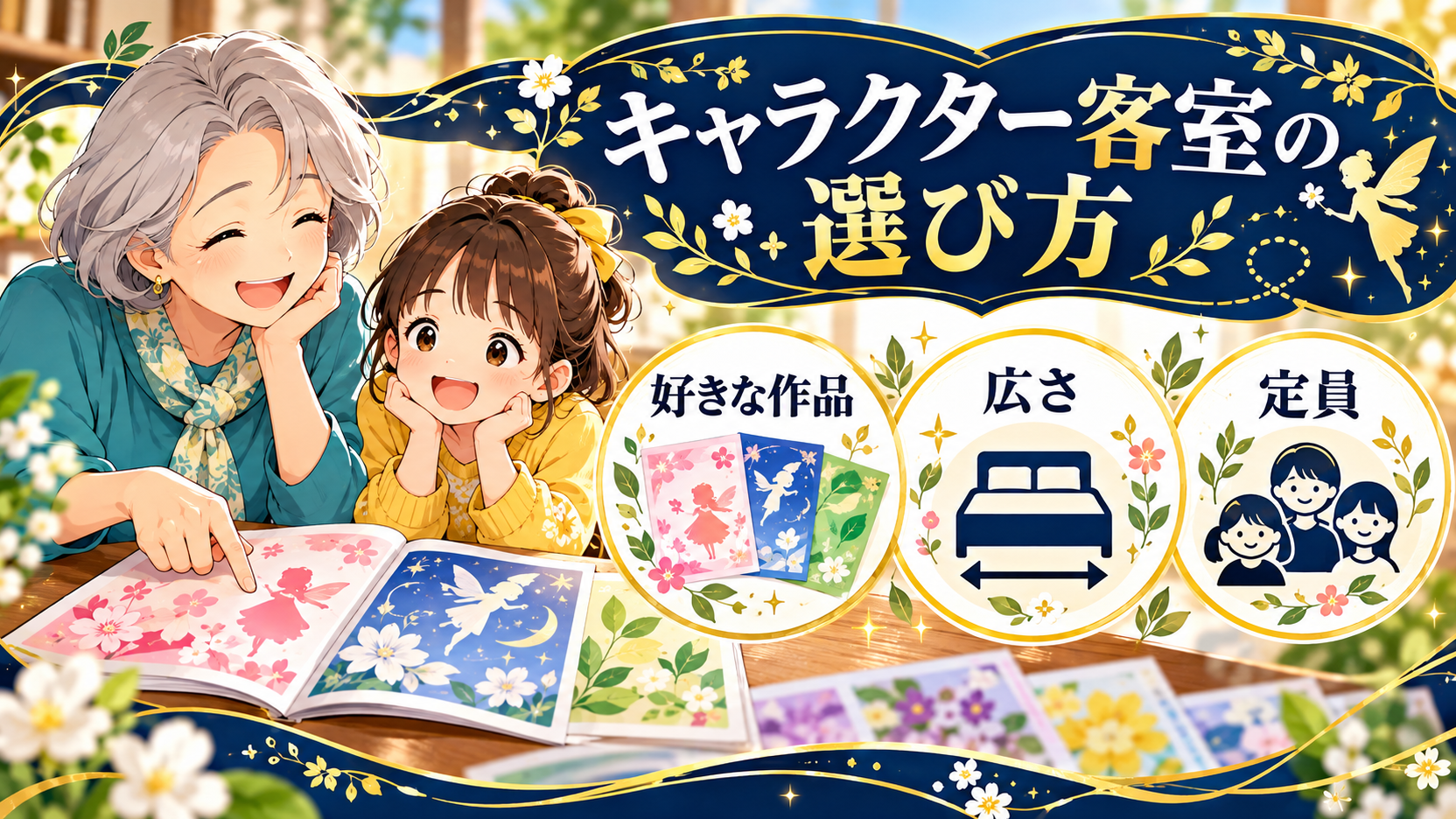 好きな作品と広さ、定員からキャラクター客室を選ぶ祖母と孫