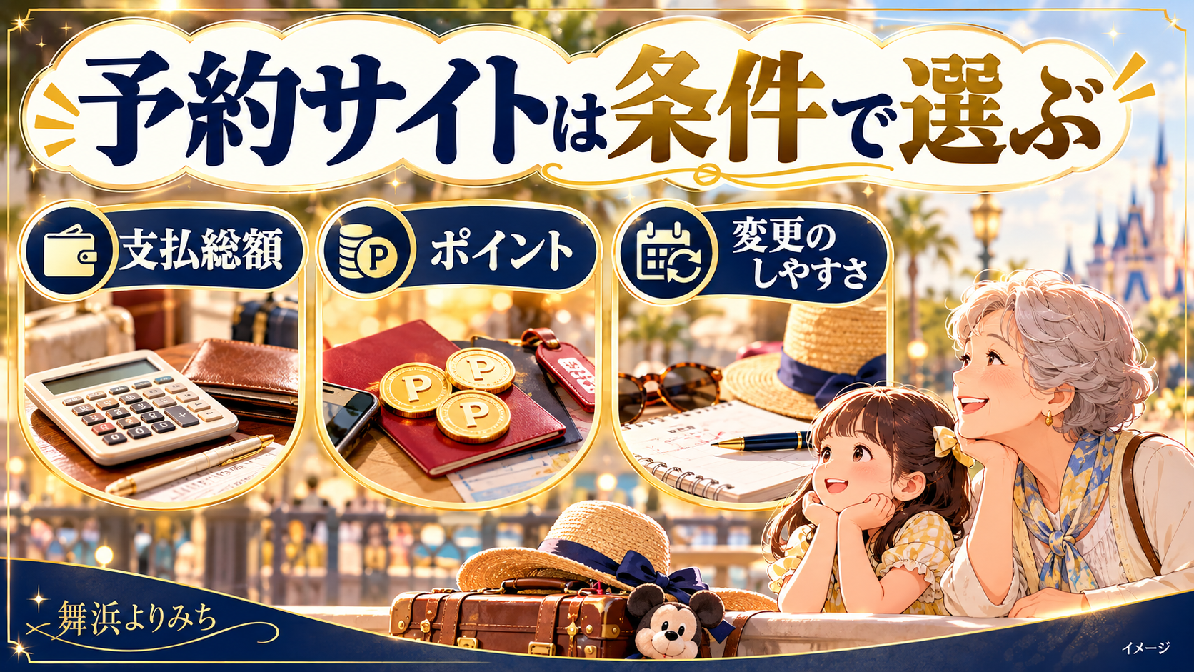 予約サイトは条件で選ぶについて、支払総額・ポイント・変更のしやすさを示す図解