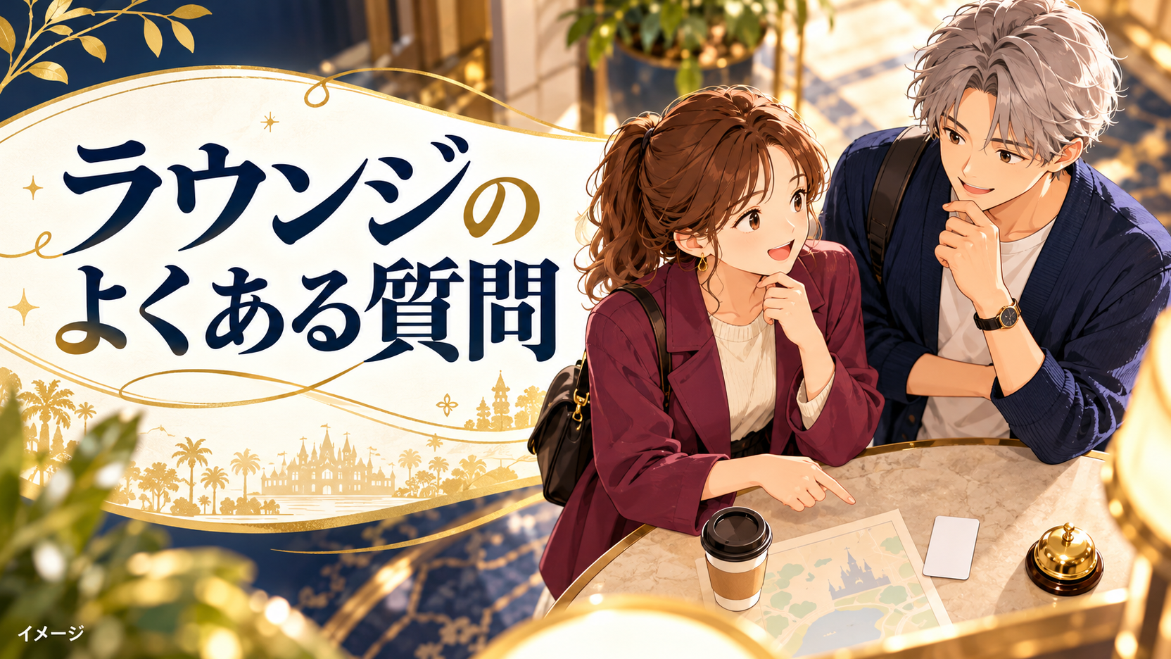 旅行者の男女がカップと手続きを表すカードをそばに置いて利用条件を相談するイメージ