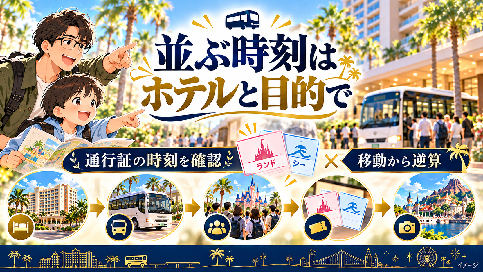 父子の旅行場面と、通行証の開始時刻を確認して移動から逆算するイメージ。