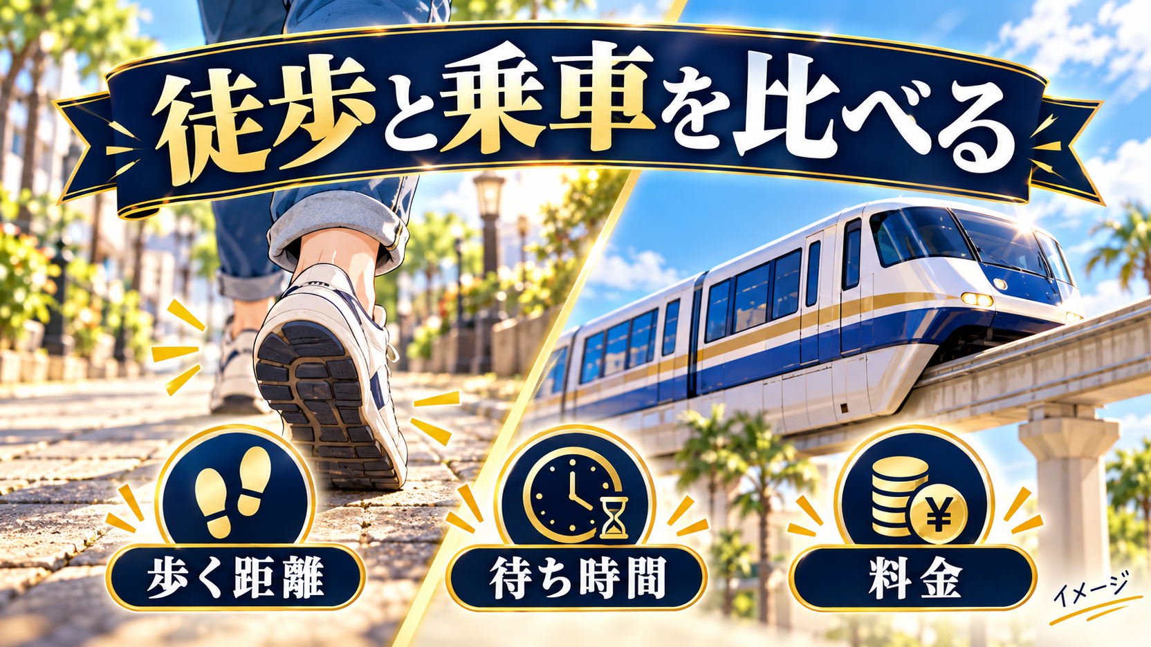 歩く距離と待ち時間、料金から徒歩と乗車を比較する図