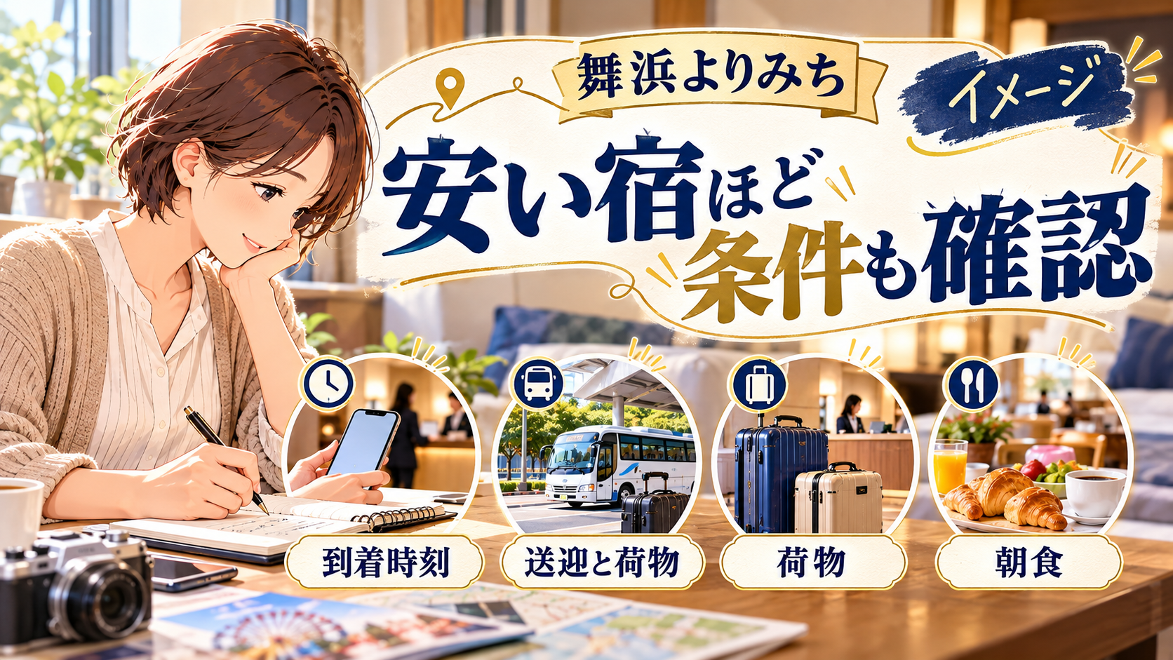 安い宿ほど条件も確認について、到着時刻・送迎と荷物・朝食を整理した図解