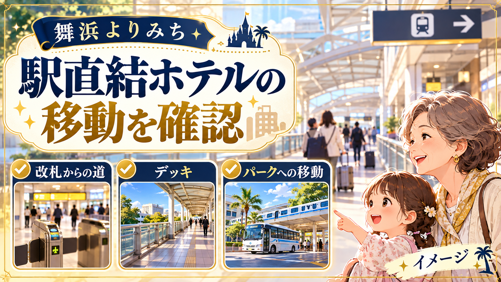 駅直結ホテルの移動を確認について、改札からの道・デッキ・パークへの移動を整理した図解