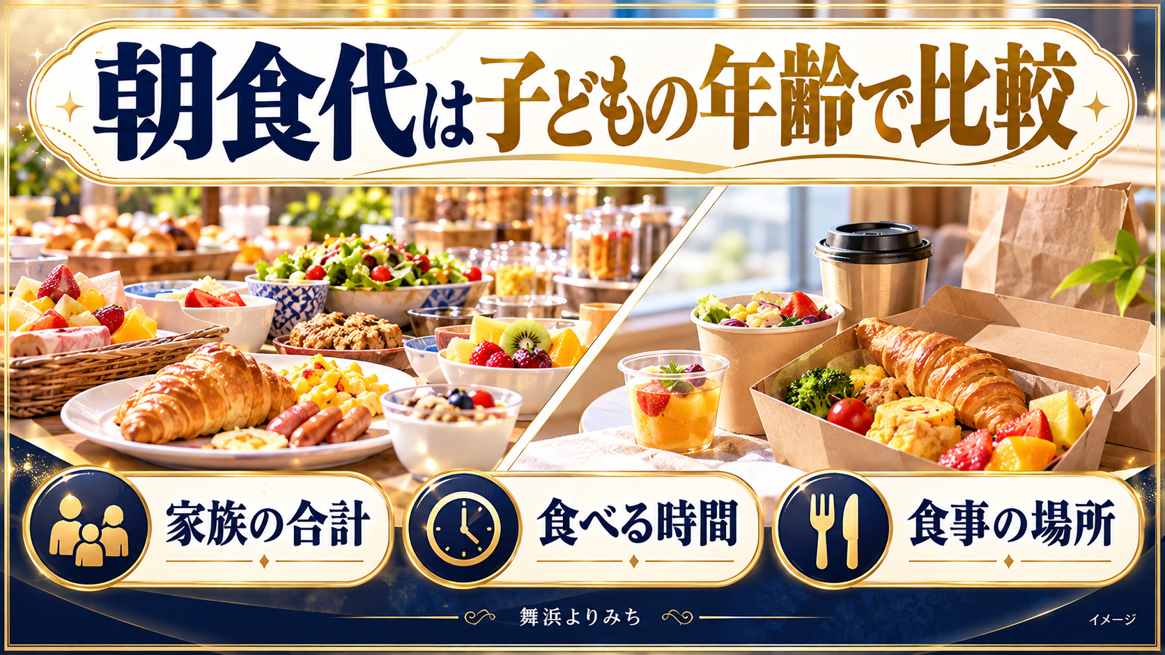 朝食代は子どもの年齢で比較について、家族の合計・食べる時間・食事の場所を示す図解