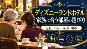 定員とベッド、広さ、眺めをもとに家族向けの客室を相談する母娘のイメージ