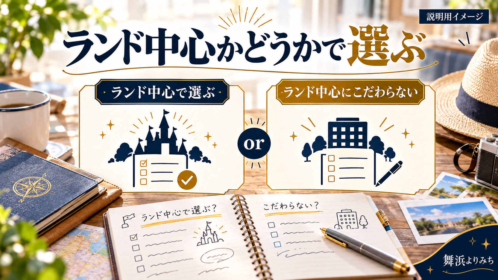 ランド中心かどうかを旅行ノートと二つの比較パネルで考える図