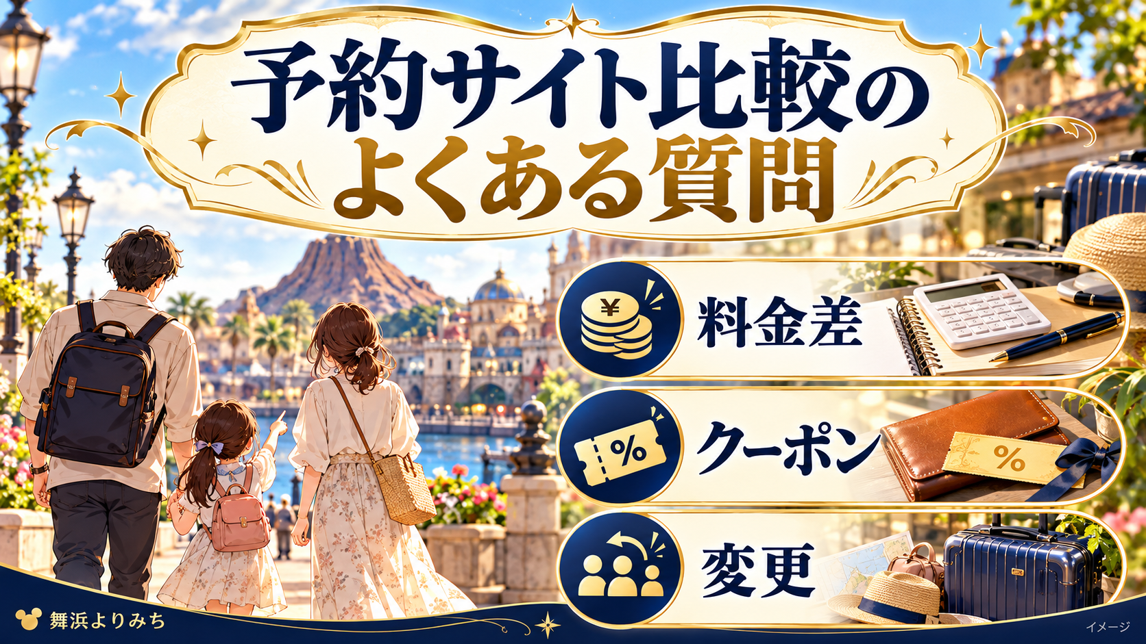 予約サイト比較のよくある質問について、料金差・クーポン・変更を示す図解