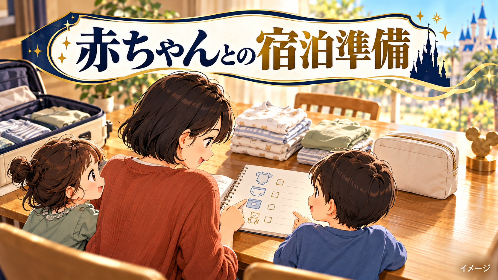 母親と子どもたちが赤ちゃんの衣類とおむつ用ポーチをそばに置いて旅行の準備をするイメージ