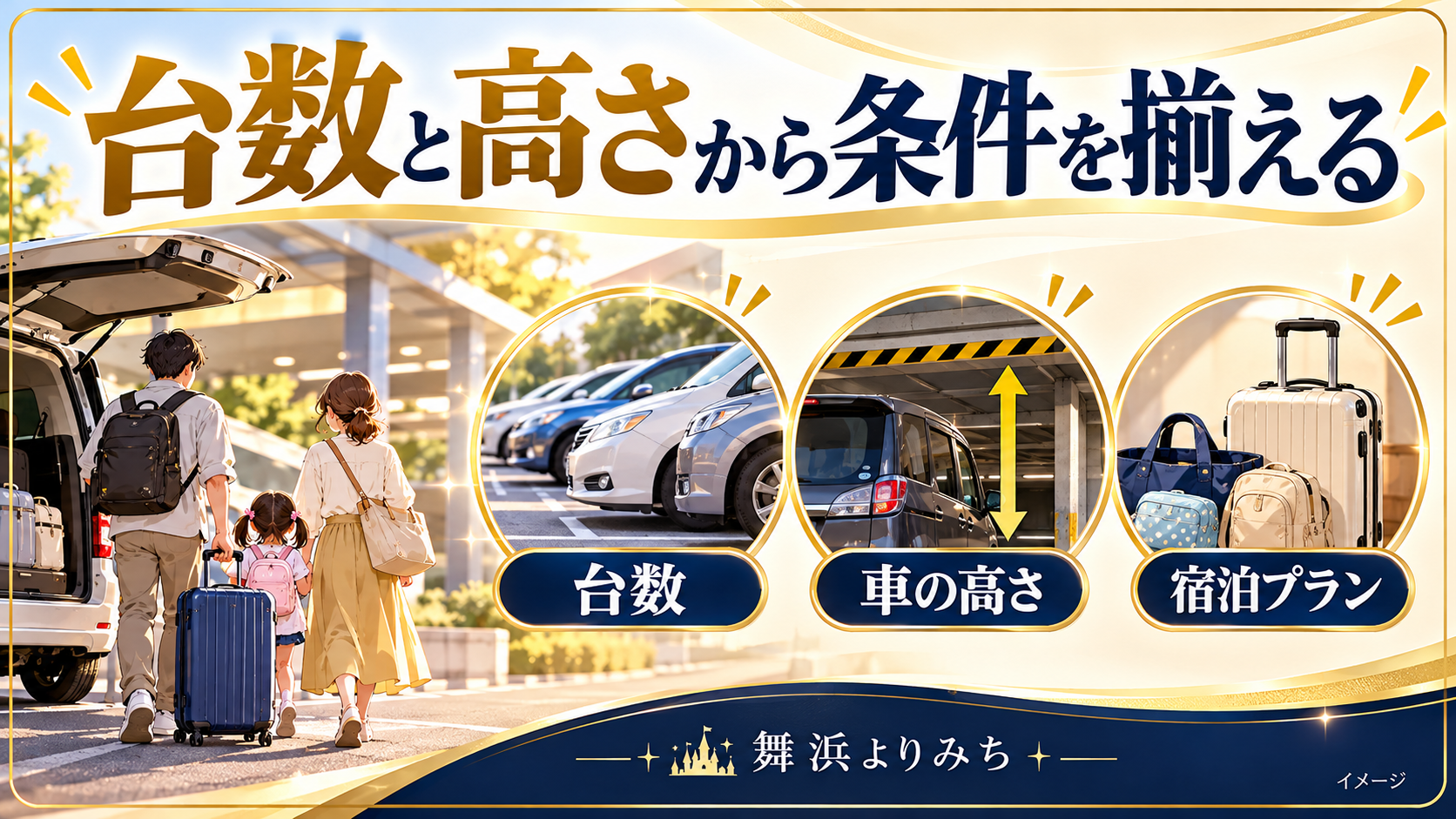 台数と高さから条件を揃えるについて、台数・車の高さ・宿泊プランを示す図解