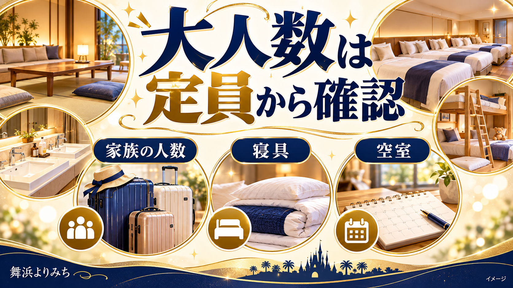 大人数は定員から確認について、家族の人数・寝具・空室を示す図解