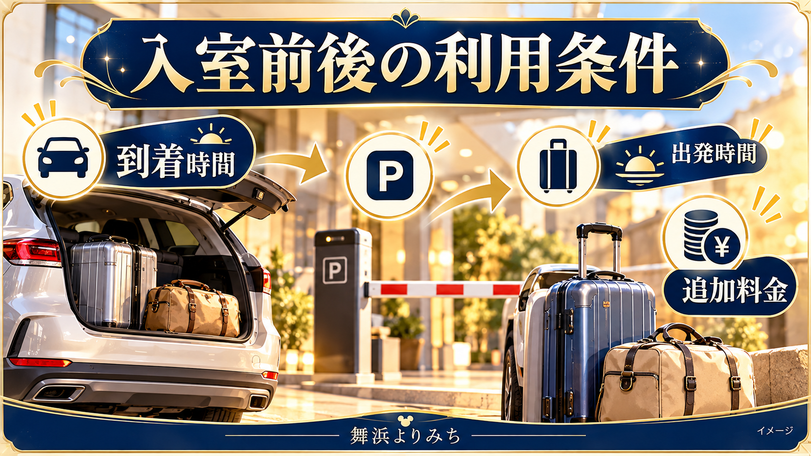 入室前後の利用条件について、到着時間・出発時間・追加料金を示す図解