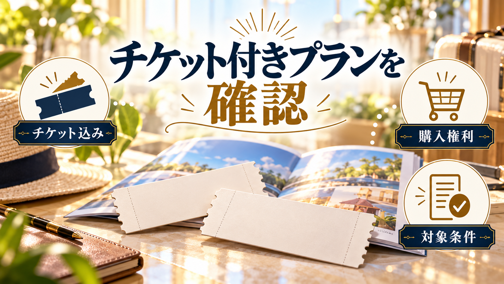 チケット付きプランを確認について、チケット込み・購入権利・対象条件を旅行用品やイラストで整理した図