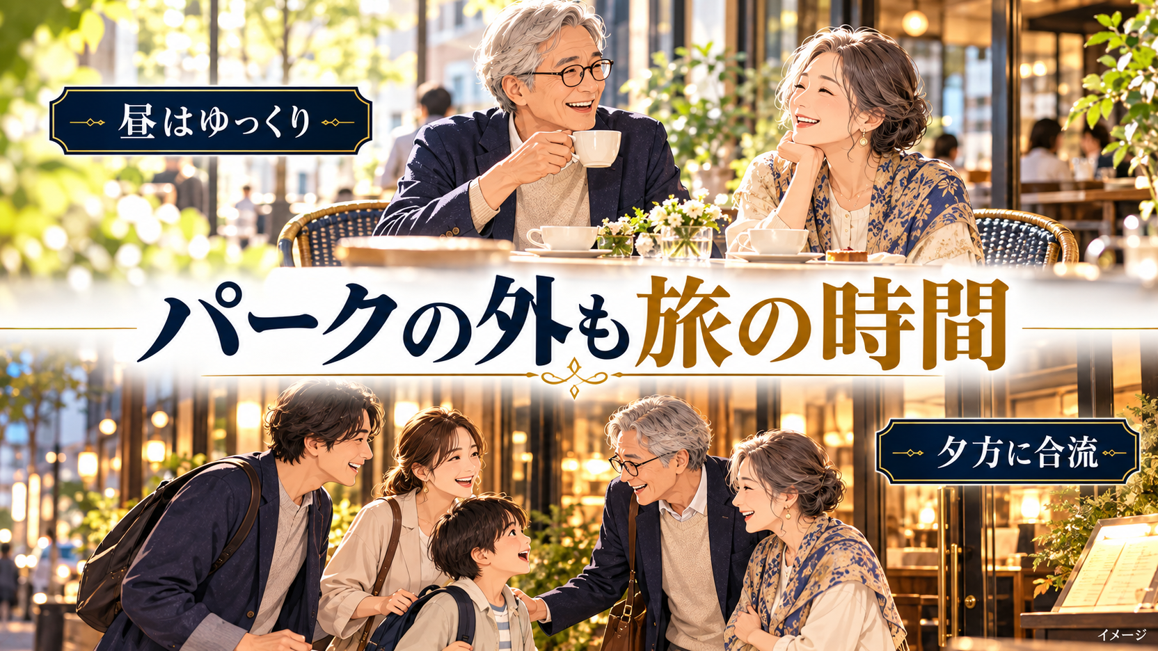 昼に休む祖父母と夕方に合流する家族を分けて示した、パーク外の過ごし方のイメージ。