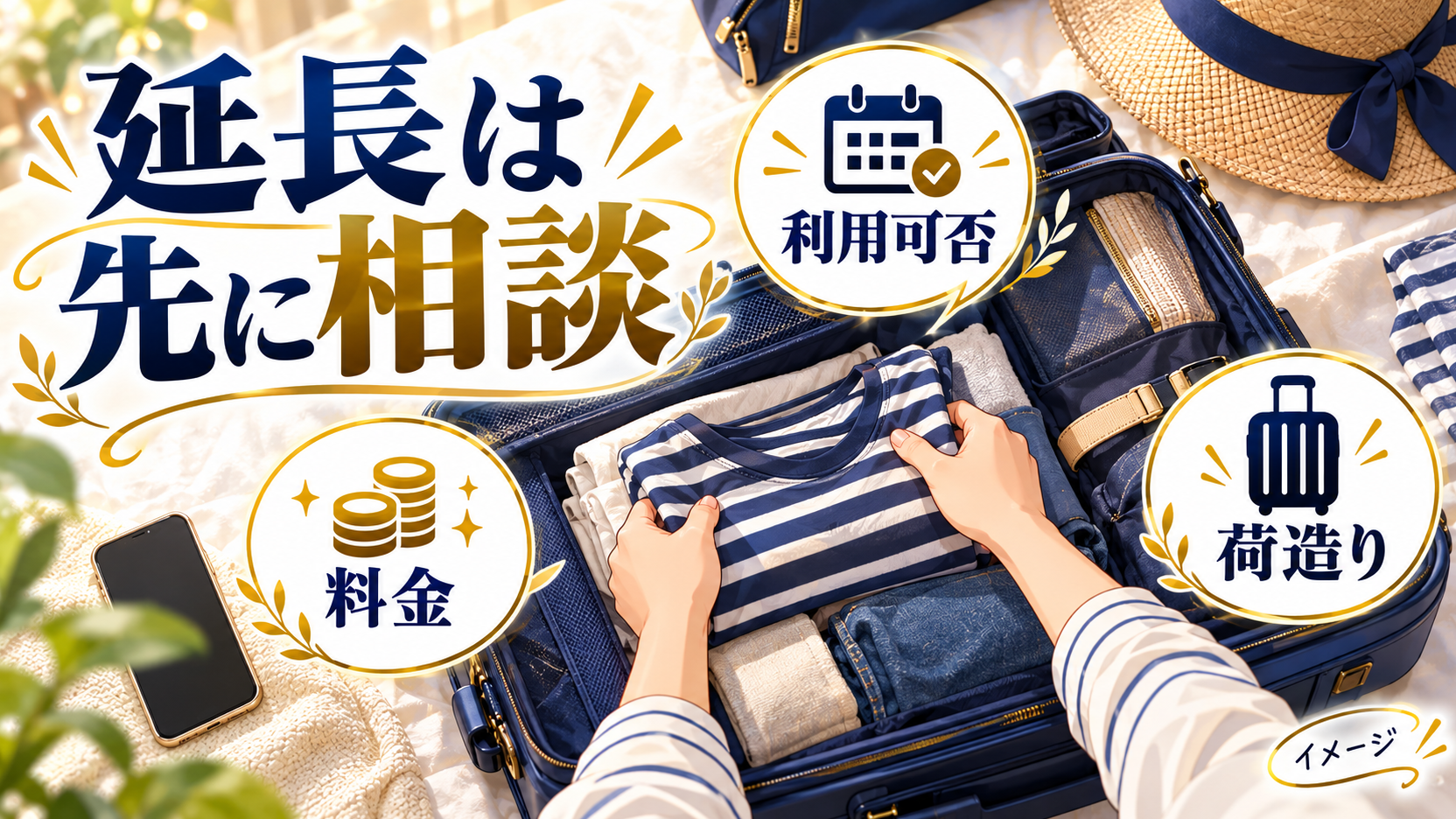 利用可否と料金を確認しながら荷造りする手元