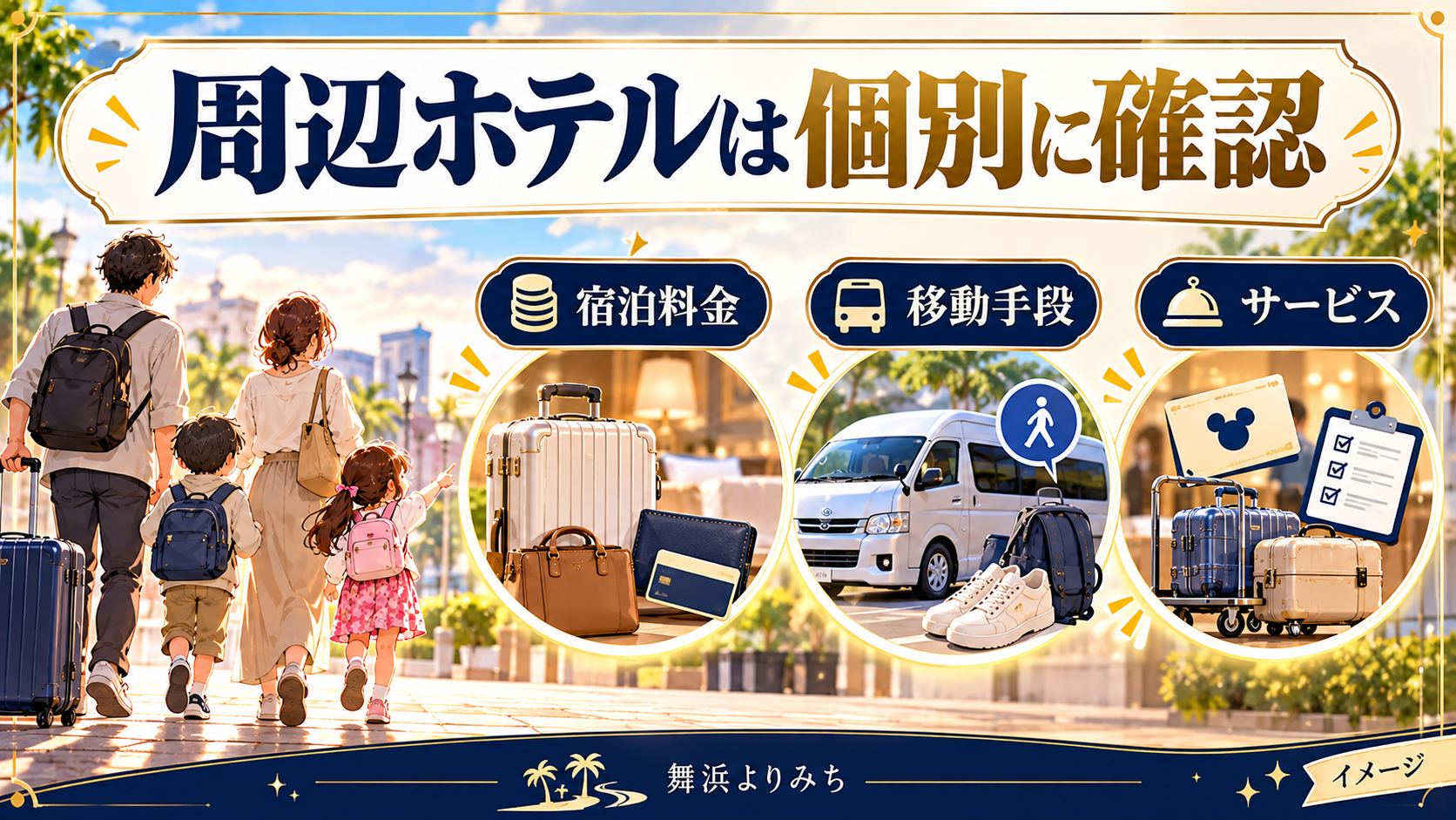 周辺ホテルは個別に確認について、宿泊料金・移動手段・サービスを示す図解