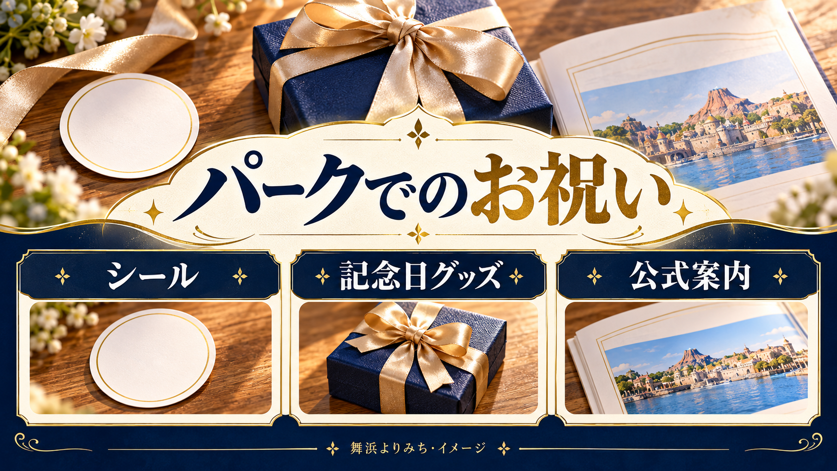 パークでのお祝いについて、シール・記念日グッズ・公式案内を整理した図解