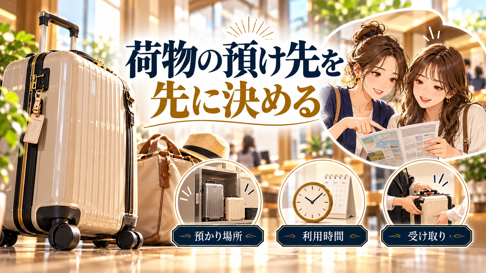 荷物の預け先を先に決めるについて、預かり場所・利用時間・受け取りを旅行用品やイラストで整理した図