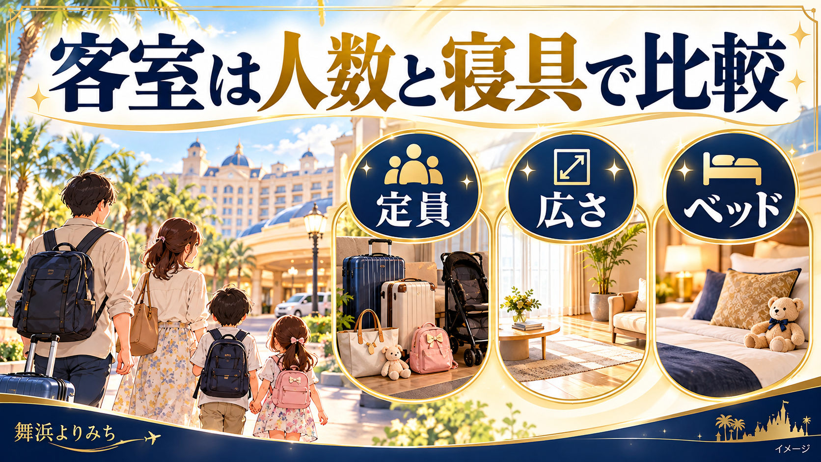 客室は人数と寝具で比較について、定員・広さ・ベッドを示す図解