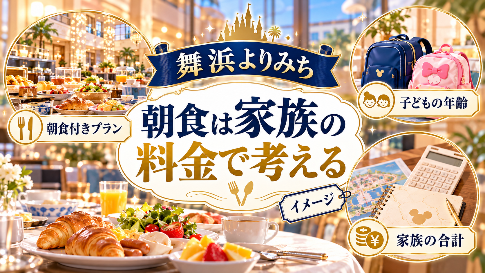 朝食は家族の料金で考えるについて、子どもの年齢・朝食付きプラン・家族の合計を整理した図解