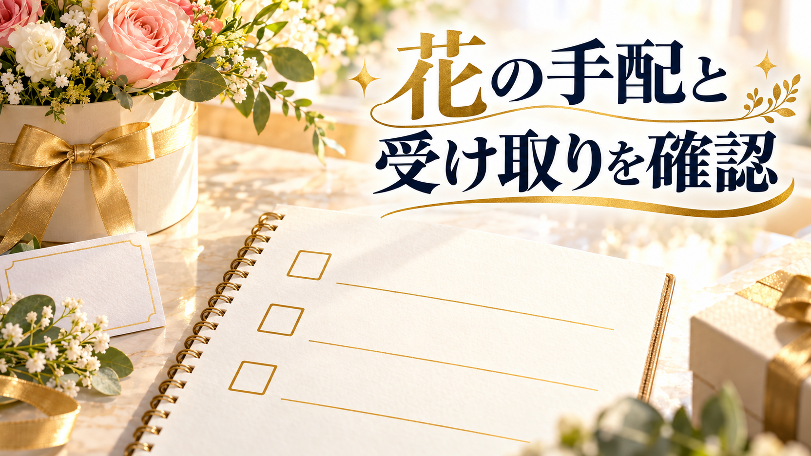 チェック欄のあるノートと花とお祝いカードで事前の確認項目を整理するイメージ