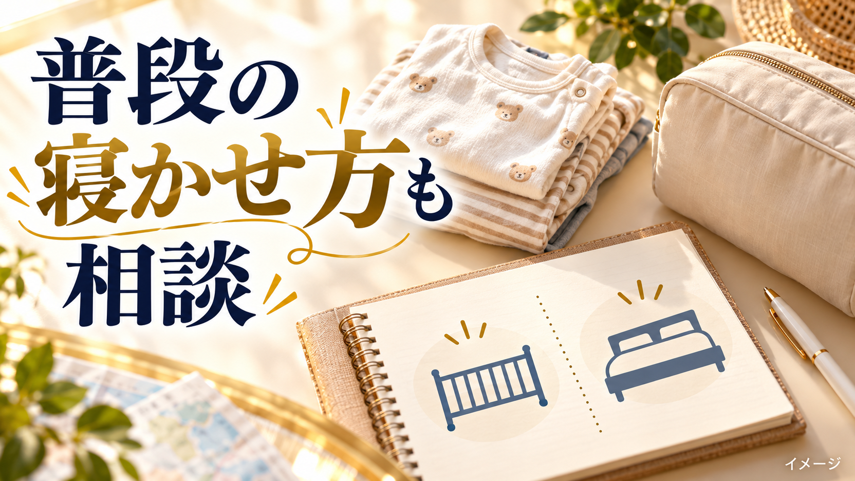 机の上に並べた赤ちゃんの衣類とおむつ用ポーチを使って利用前の確認点を示すイメージ