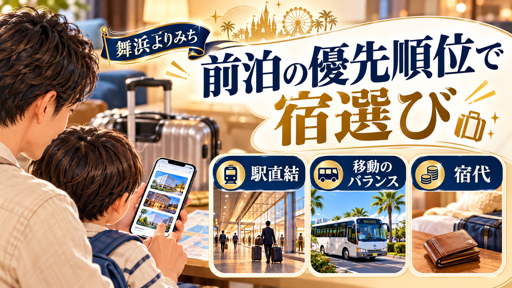 前泊の優先順位で宿選びについて、駅直結・移動のバランス・宿代を整理した図解