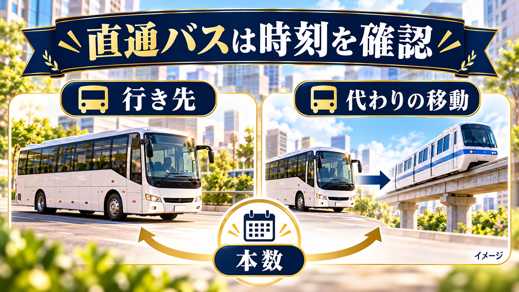直行バスの行き先と本数、代わりの移動手段を比較する図