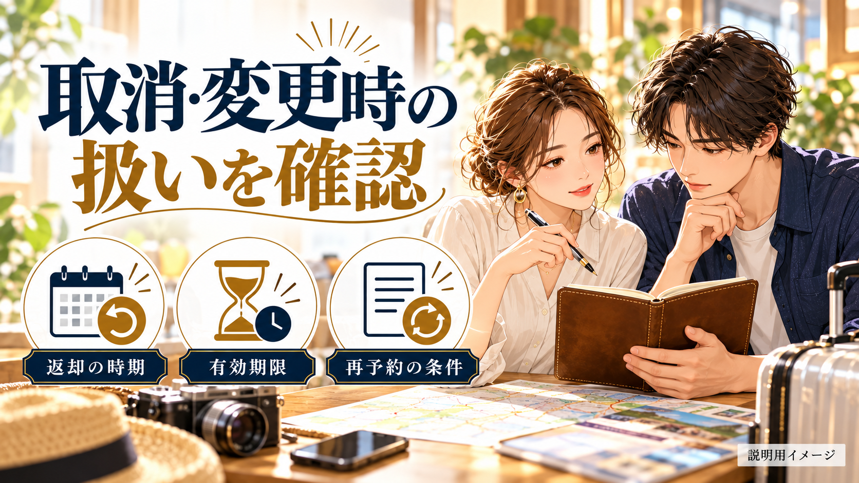 取消・変更時の扱いを確認について、返却の時期・有効期限・再予約の条件を旅行用品やイラストで整理した図