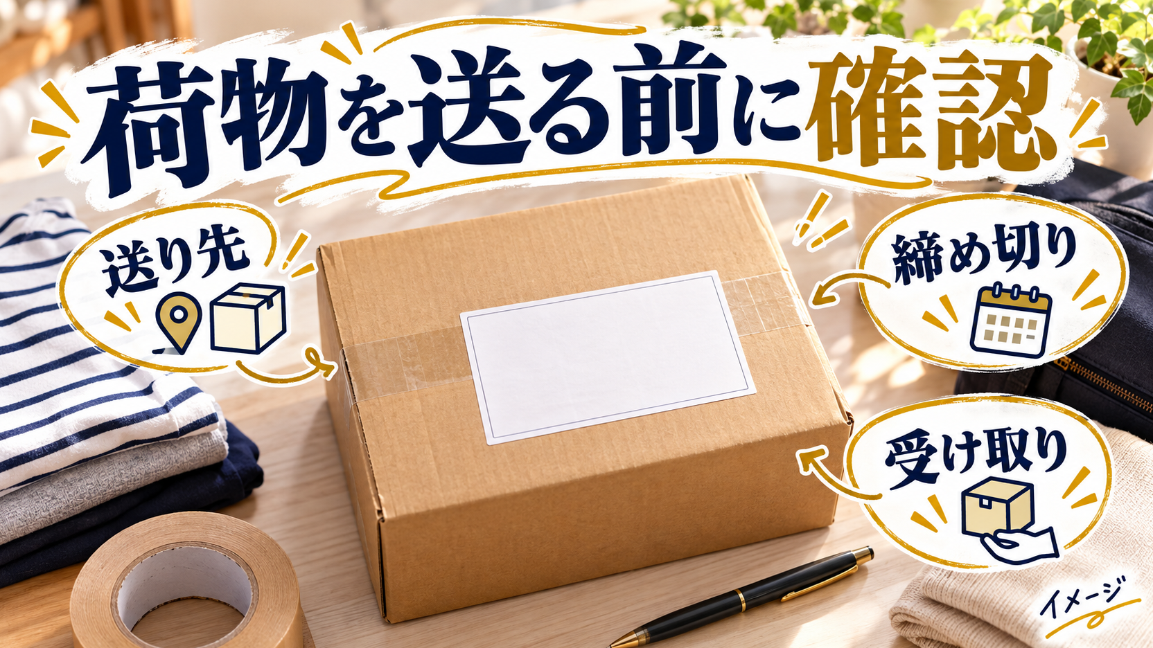 送り先と締め切り、受け取りを確認する宅配荷物のイメージ