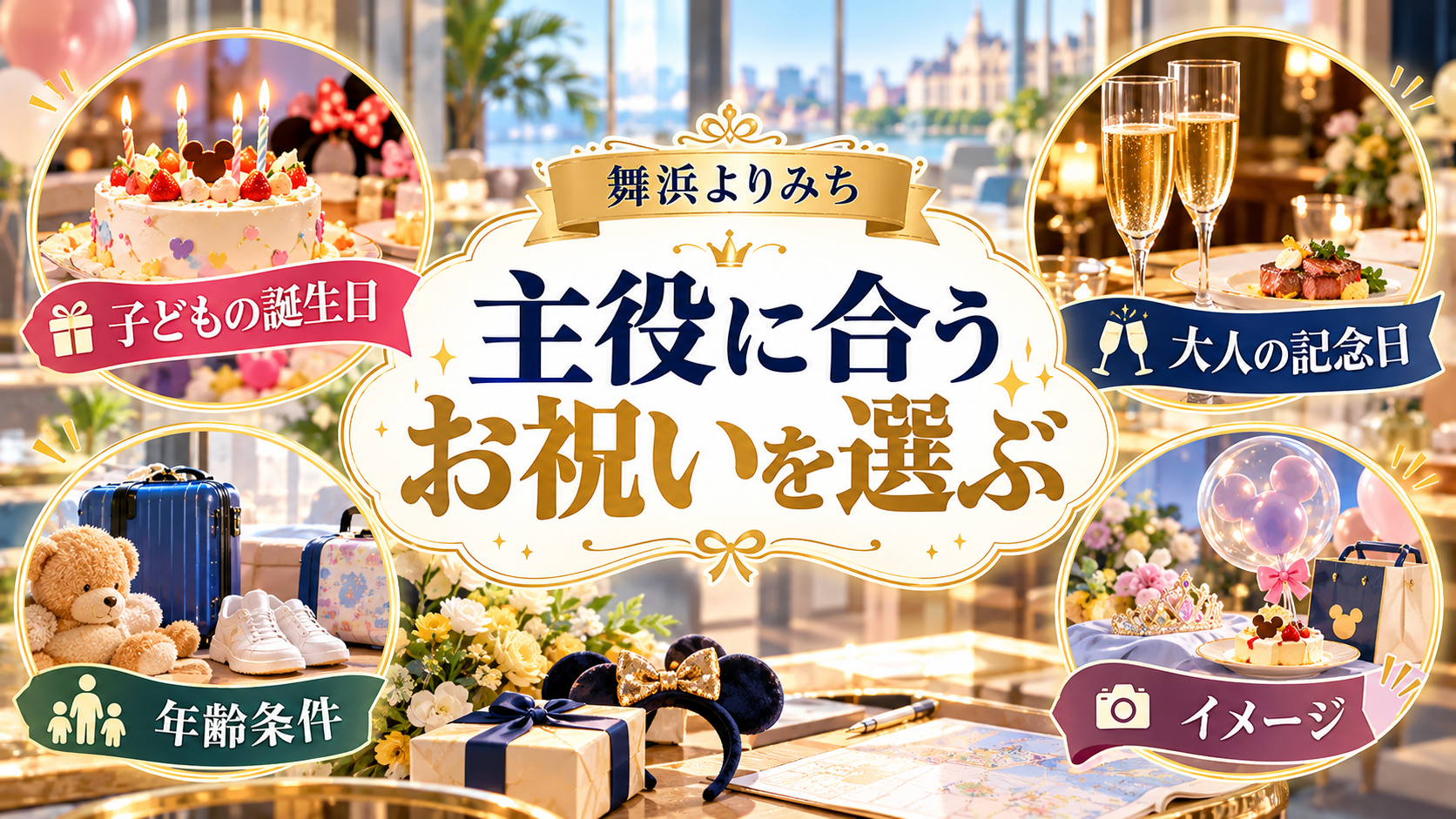 主役に合うお祝いを選ぶについて、子どもの誕生日・大人の記念日・年齢条件を整理した図解